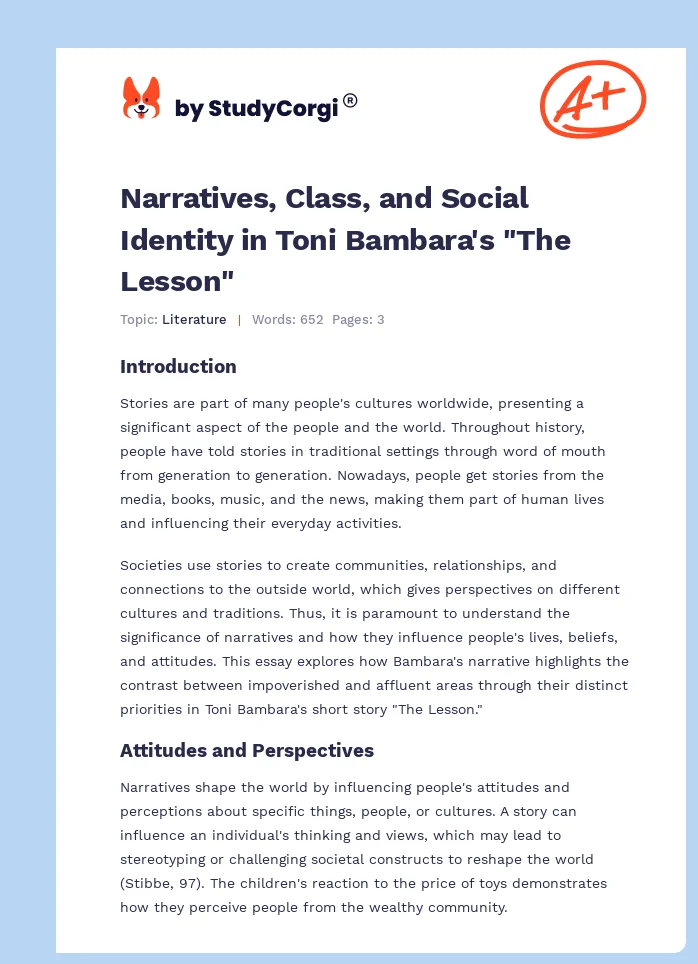 Narratives, Class, and Social Identity in Toni Bambara's "The Lesson". Page 1