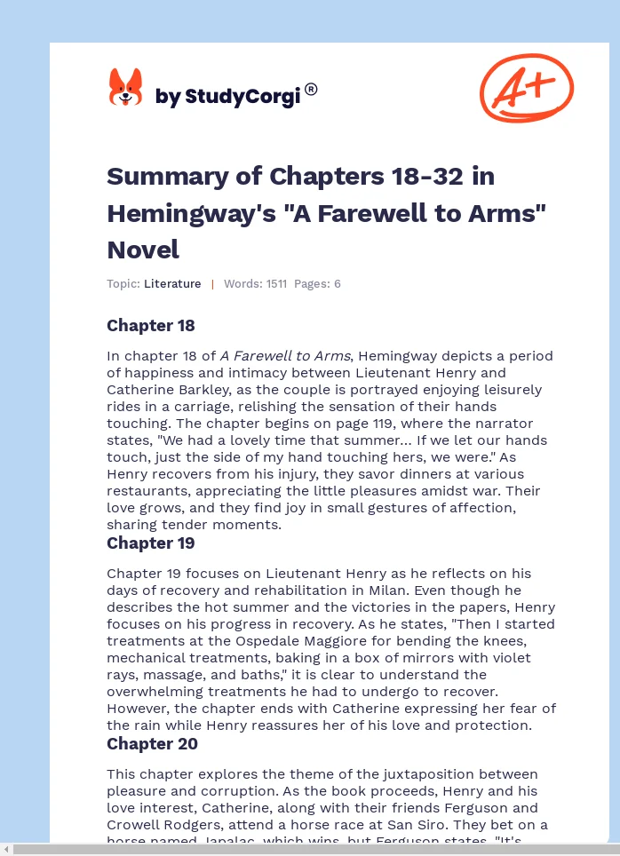 Summary of Chapters 18-32 in Hemingway's "A Farewell to Arms" Novel. Page 1