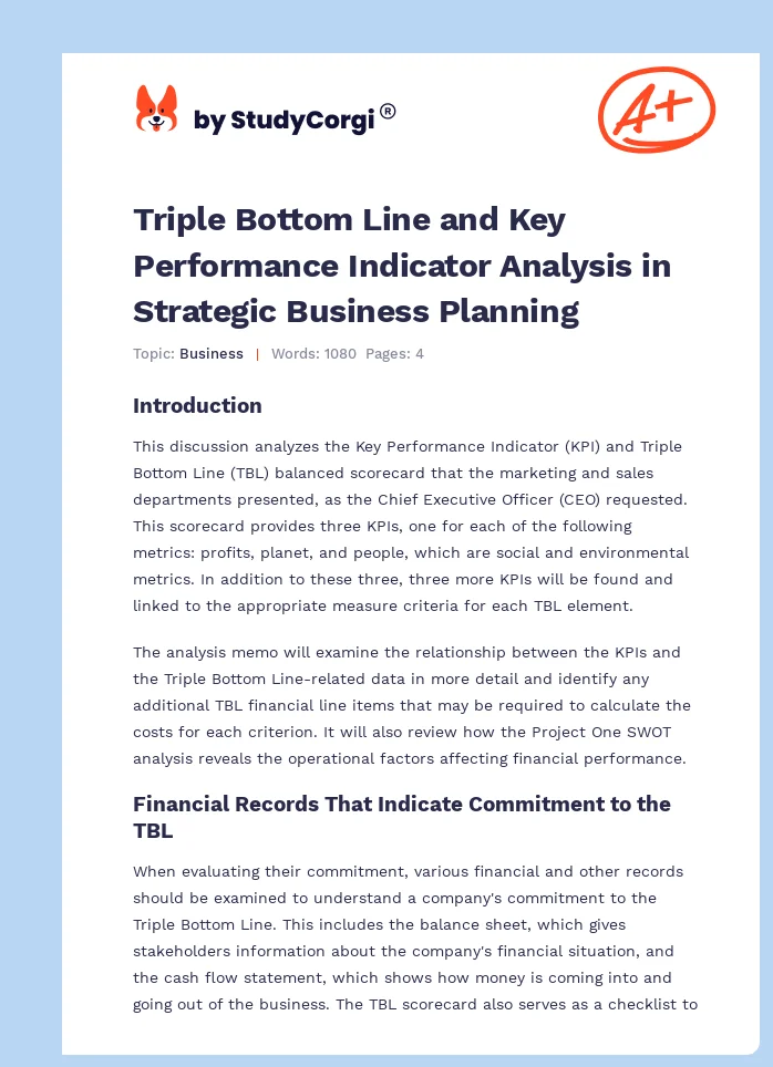 Triple Bottom Line and Key Performance Indicator Analysis in Strategic Business Planning. Page 1