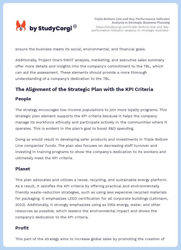 Triple Bottom Line and Key Performance Indicator Analysis in Strategic Business Planning. Page 2