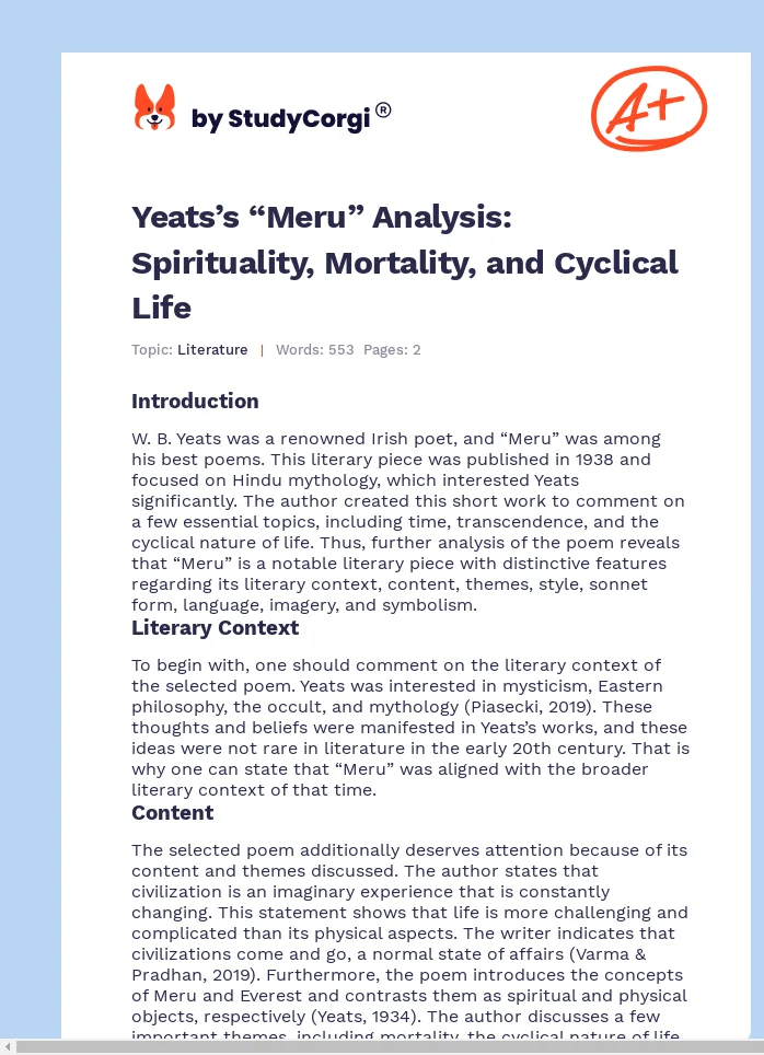 Yeats’s “Meru” Analysis: Spirituality, Mortality, and Cyclical Life. Page 1