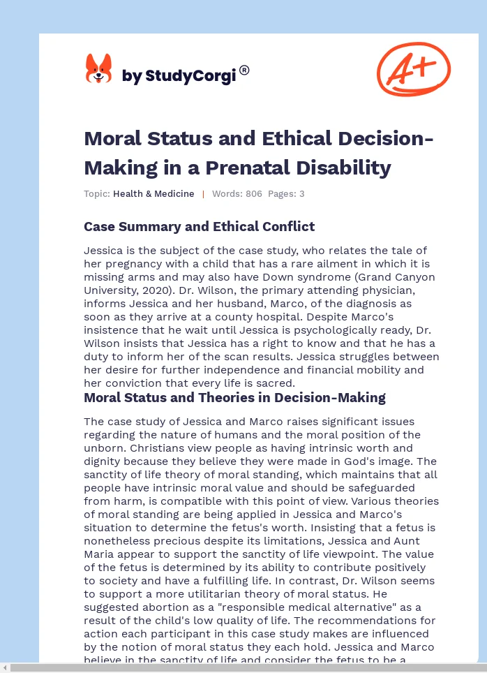 Moral Status and Ethical Decision-Making in a Prenatal Disability. Page 1