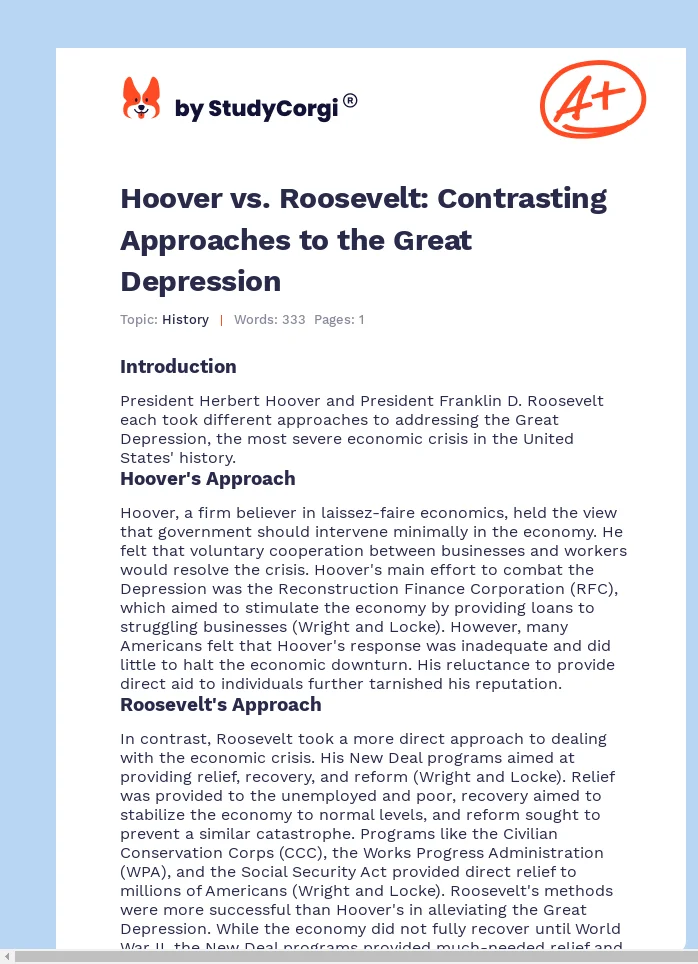 Hoover vs. Roosevelt: Contrasting Approaches to the Great Depression. Page 1
