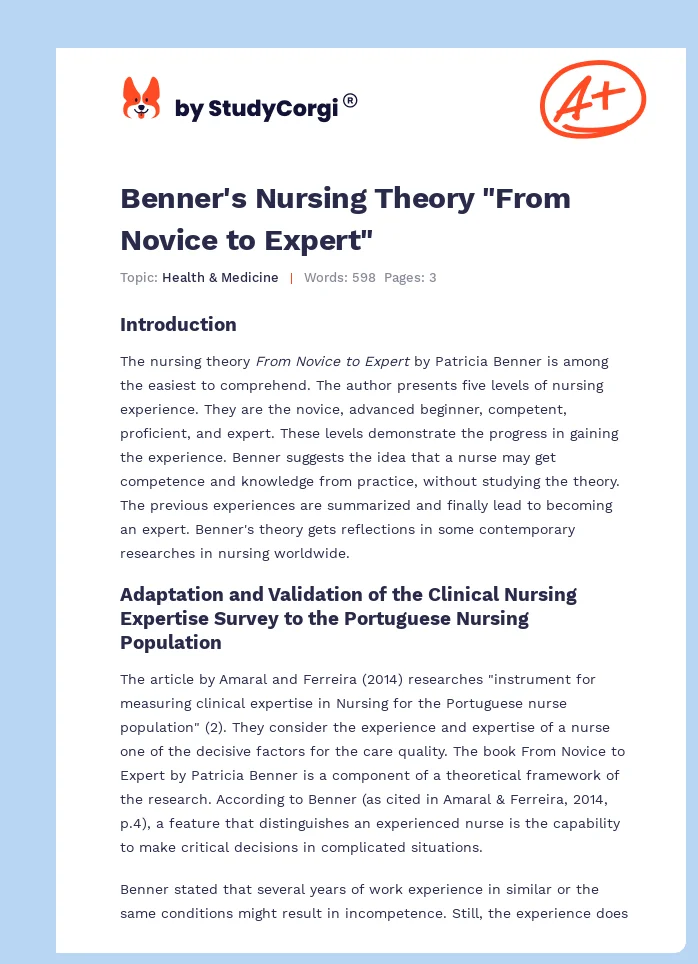 Benner's Nursing Theory "From Novice to Expert". Page 1