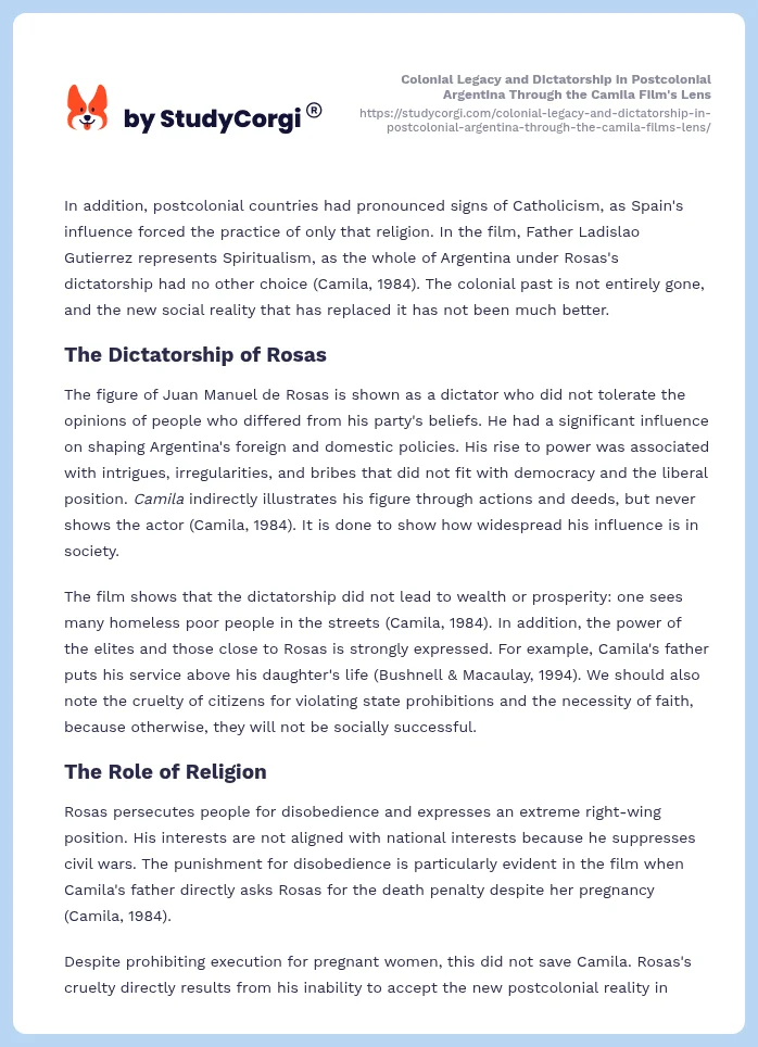 Colonial Legacy and Dictatorship in Postcolonial Argentina Through the Camila Film's Lens. Page 2