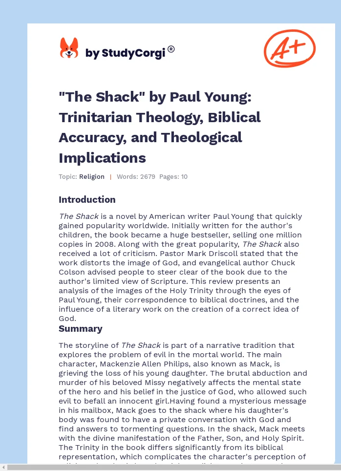 "The Shack" by Paul Young: Trinitarian Theology, Biblical Accuracy, and Theological Implications. Page 1