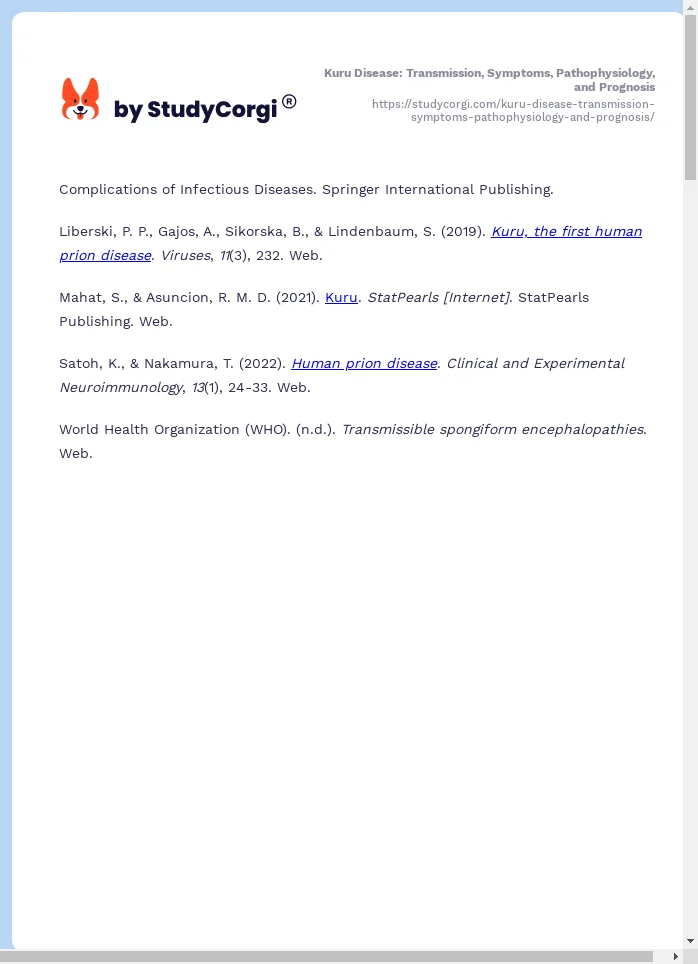 Kuru Disease: Transmission, Symptoms, Pathophysiology, and Prognosis. Page 2