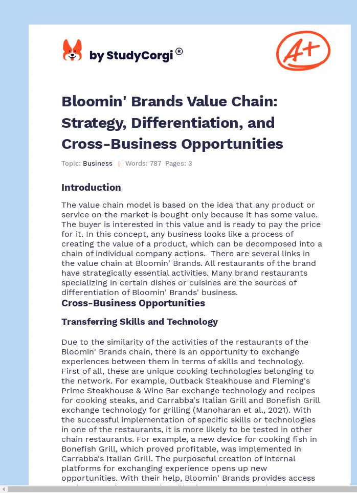 Bloomin' Brands Value Chain: Strategy, Differentiation, and Cross-Business Opportunities. Page 1