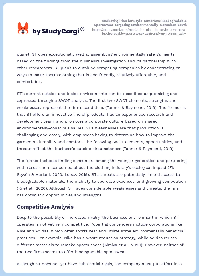 Marketing Plan for Style Tomorrow: Biodegradable Sportswear Targeting Environmentally-Conscious Youth. Page 2