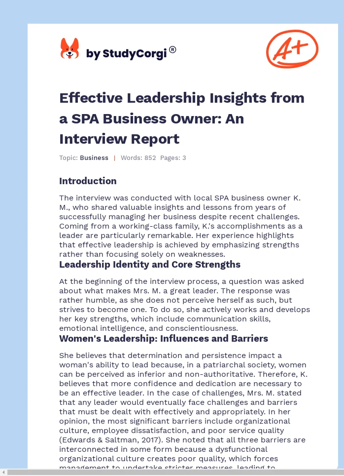Effective Leadership Insights from a SPA Business Owner: An Interview Report. Page 1