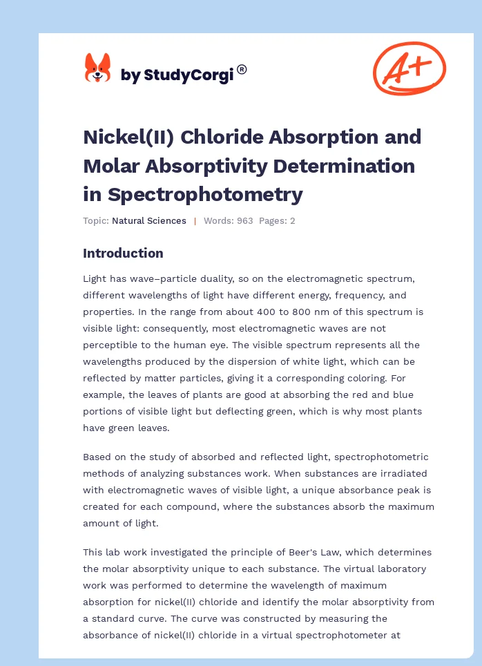 Nickel(II) Chloride Absorption and Molar Absorptivity Determination in Spectrophotometry. Page 1