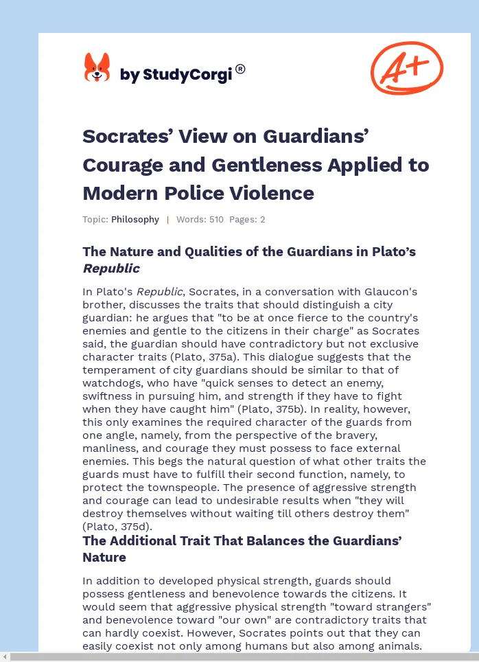 Socrates’ View on Guardians’ Courage and Gentleness Applied to Modern Police Violence. Page 1