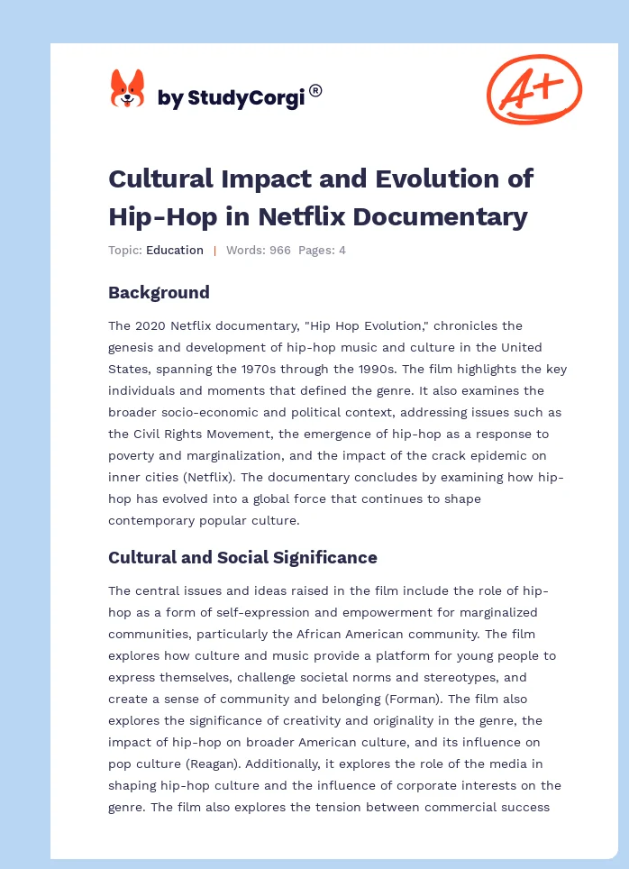 Cultural Impact and Evolution of Hip-Hop in Netflix Documentary. Page 1