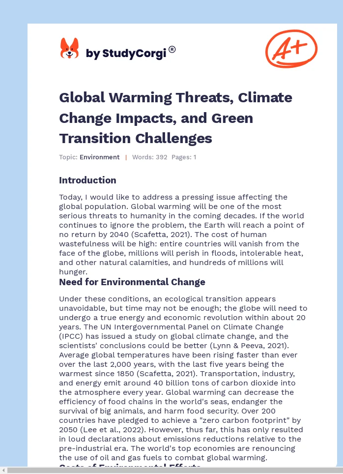 Global Warming Threats, Climate Change Impacts, and Green Transition Challenges. Page 1