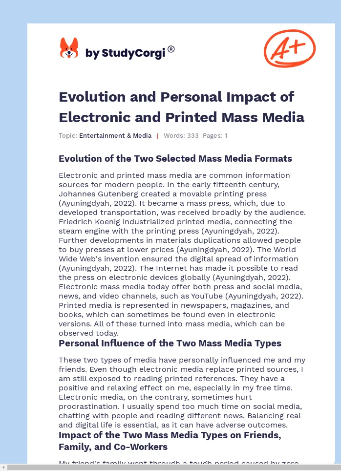 Evolution and Personal Impact of Electronic and Printed Mass Media. Page 1
