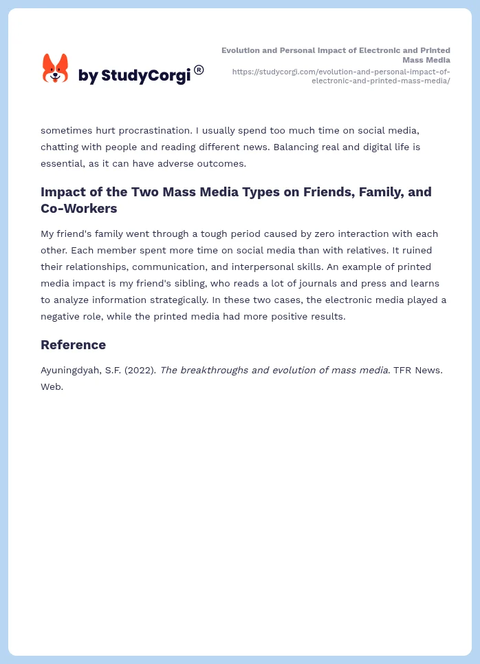 Evolution and Personal Impact of Electronic and Printed Mass Media. Page 2