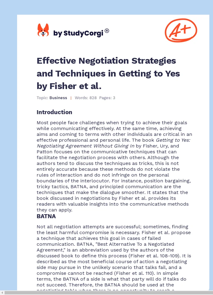 Effective Negotiation Strategies and Techniques in Getting to Yes by Fisher et al.. Page 1