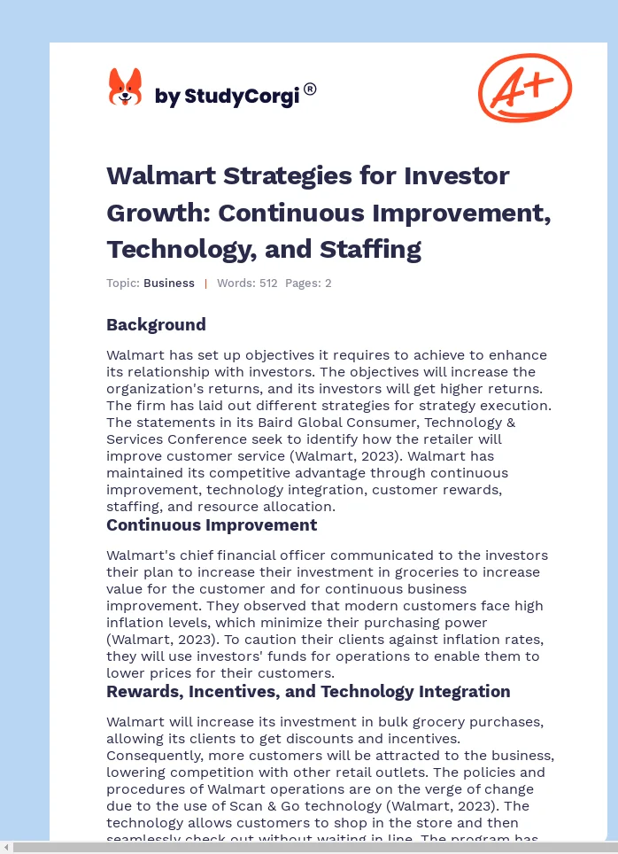 Walmart Strategies for Investor Growth: Continuous Improvement, Technology, and Staffing. Page 1