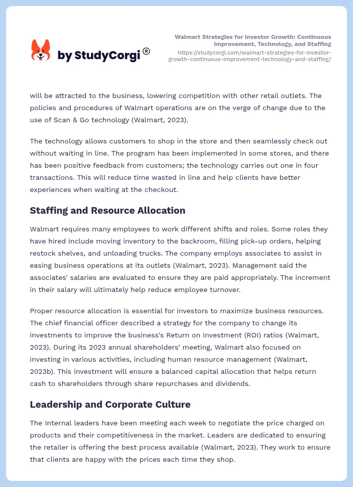 Walmart Strategies for Investor Growth: Continuous Improvement, Technology, and Staffing. Page 2
