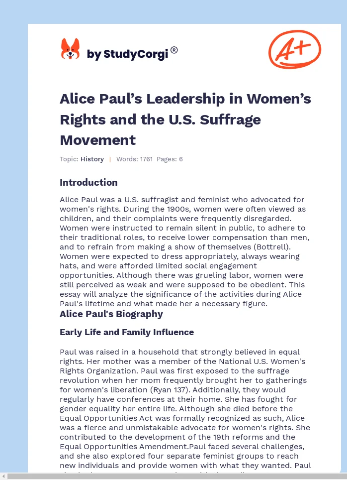 Alice Paul’s Leadership in Women’s Rights and the U.S. Suffrage Movement. Page 1