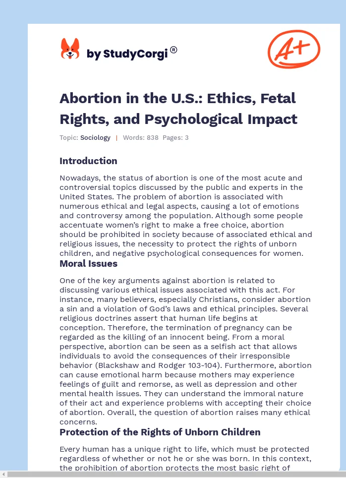 Abortion in the U.S.: Ethics, Fetal Rights, and Psychological Impact. Page 1