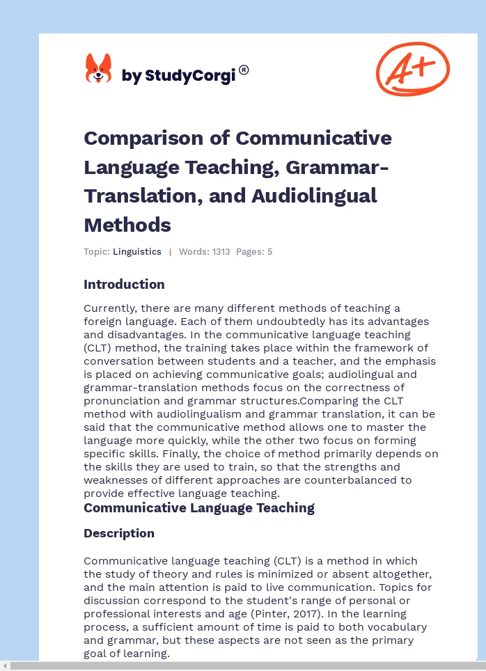 Comparison of Communicative Language Teaching, Grammar-Translation, and Audiolingual Methods. Page 1