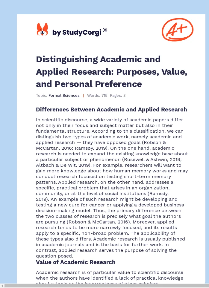 Distinguishing Academic and Applied Research: Purposes, Value, and Personal Preference. Page 1