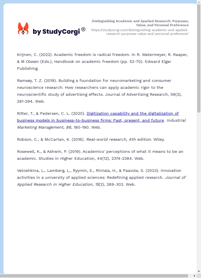Distinguishing Academic and Applied Research: Purposes, Value, and Personal Preference. Page 2