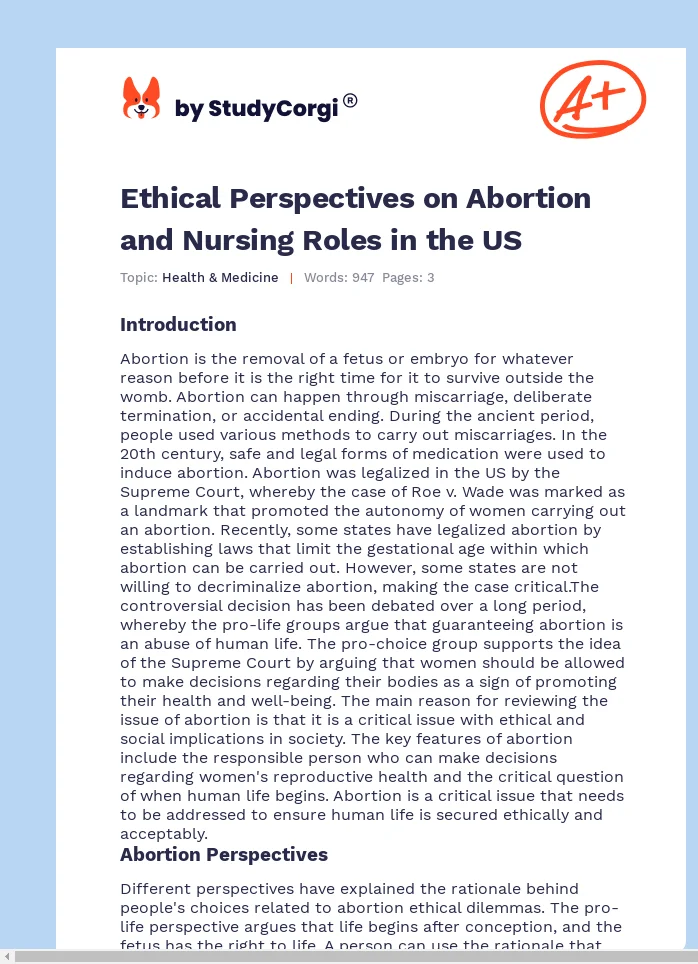 Ethical Perspectives on Abortion and Nursing Roles in the US. Page 1