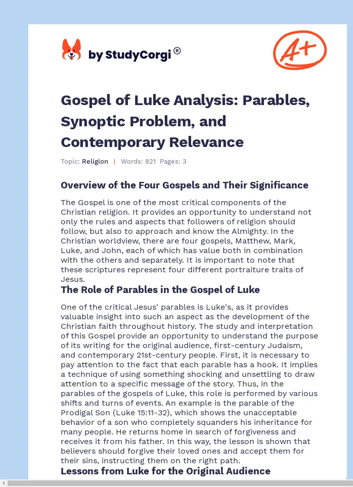 Gospel of Luke Analysis: Parables, Synoptic Problem, and Contemporary Relevance. Page 1