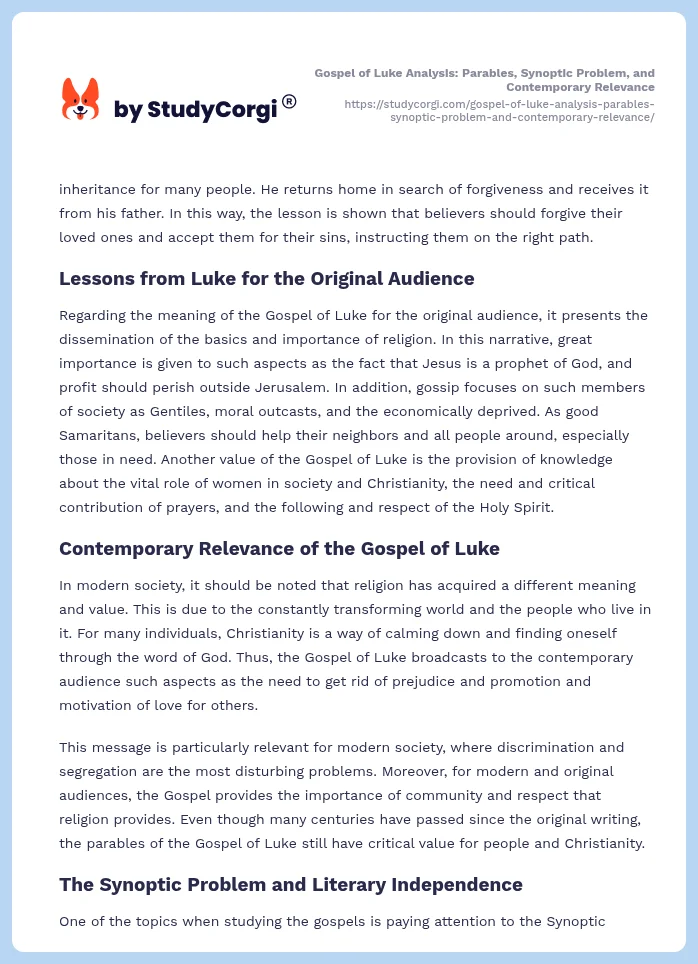 Gospel of Luke Analysis: Parables, Synoptic Problem, and Contemporary Relevance. Page 2
