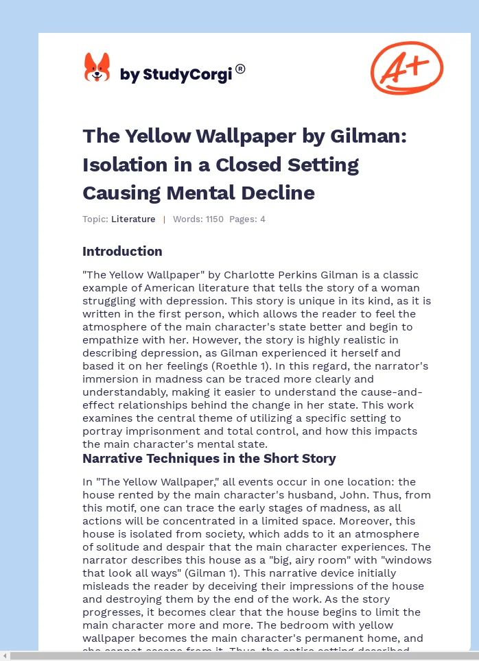 The Yellow Wallpaper by Gilman: Isolation in a Closed Setting Causing Mental Decline. Page 1