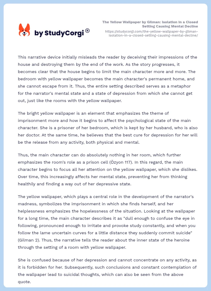 The Yellow Wallpaper by Gilman: Isolation in a Closed Setting Causing Mental Decline. Page 2