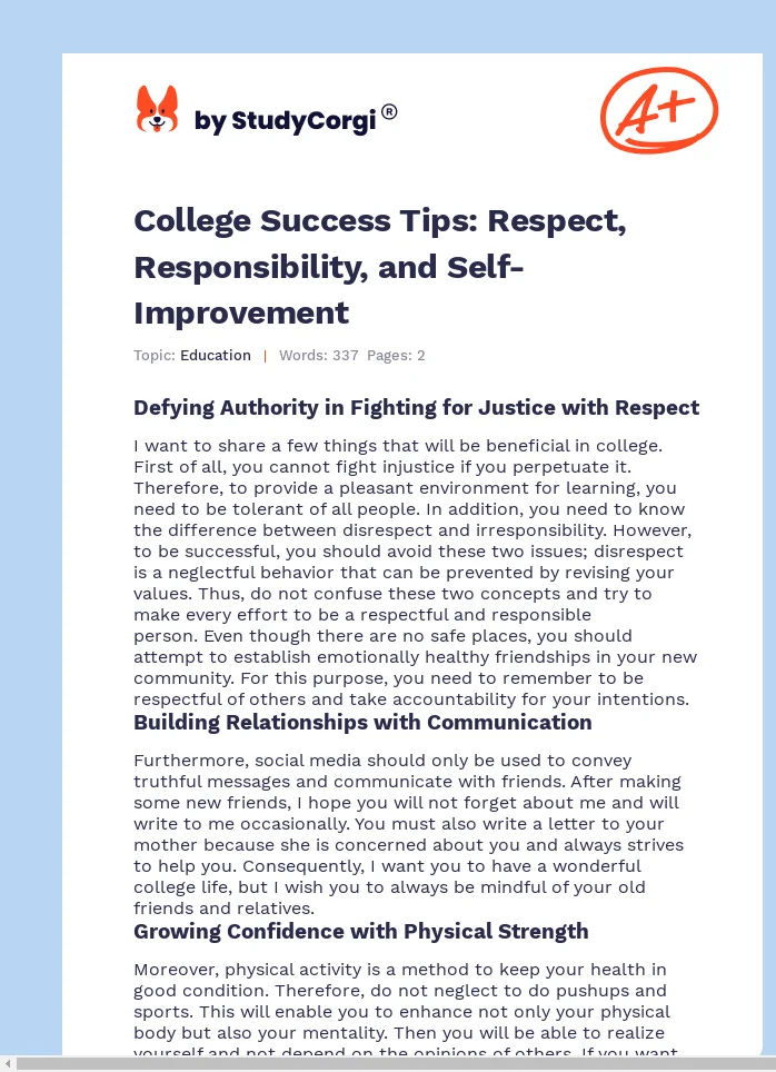 College Success Tips: Respect, Responsibility, and Self-Improvement. Page 1