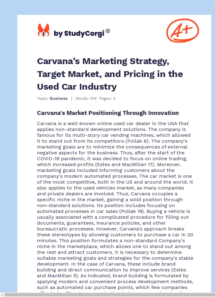 Carvana’s Marketing Strategy, Target Market, and Pricing in the Used Car Industry. Page 1
