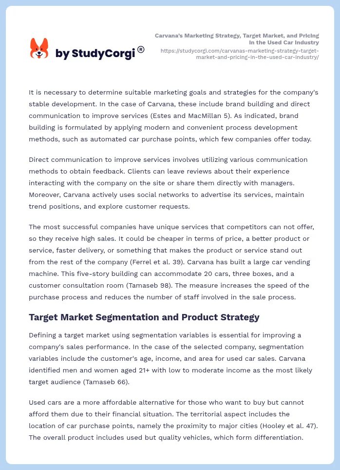 Carvana’s Marketing Strategy, Target Market, and Pricing in the Used Car Industry. Page 2