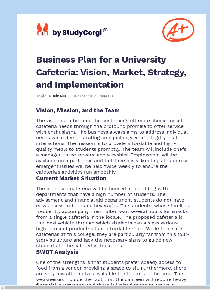 Business Plan for a University Cafeteria: Vision, Market, Strategy, and Implementation. Page 1