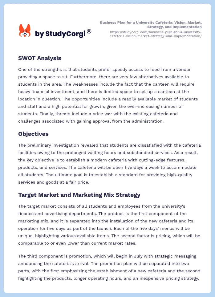 Business Plan for a University Cafeteria: Vision, Market, Strategy, and Implementation. Page 2