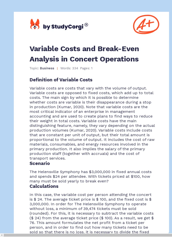 Variable Costs and Break-Even Analysis in Concert Operations. Page 1