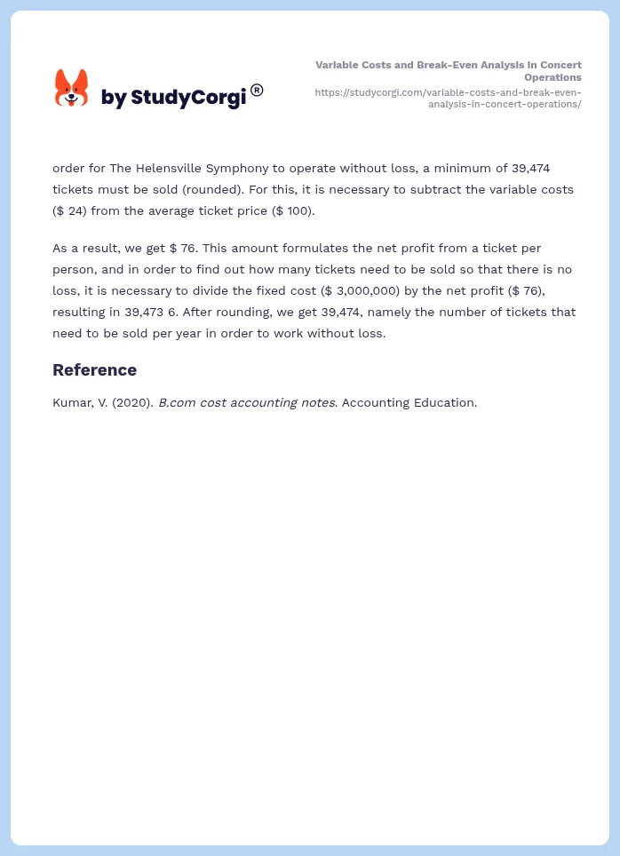 Variable Costs and Break-Even Analysis in Concert Operations. Page 2