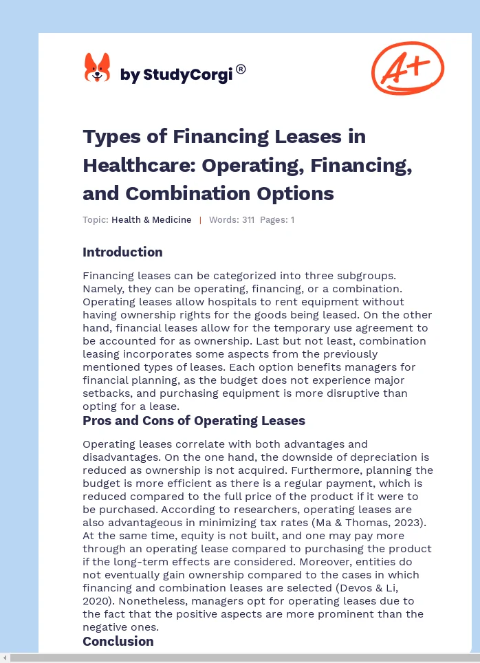 Types of Financing Leases in Healthcare: Operating, Financing, and Combination Options. Page 1