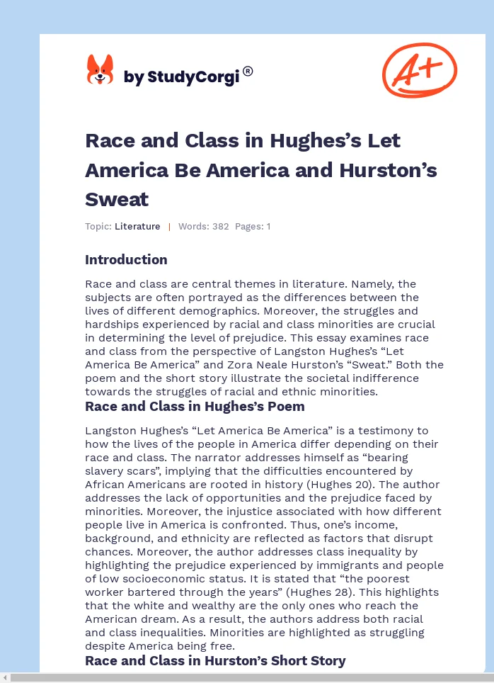 Race and Class in Hughes’s Let America Be America and Hurston’s Sweat. Page 1