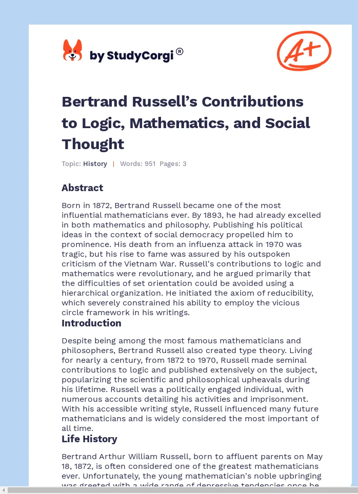 Bertrand Russell’s Contributions to Logic, Mathematics, and Social Thought. Page 1