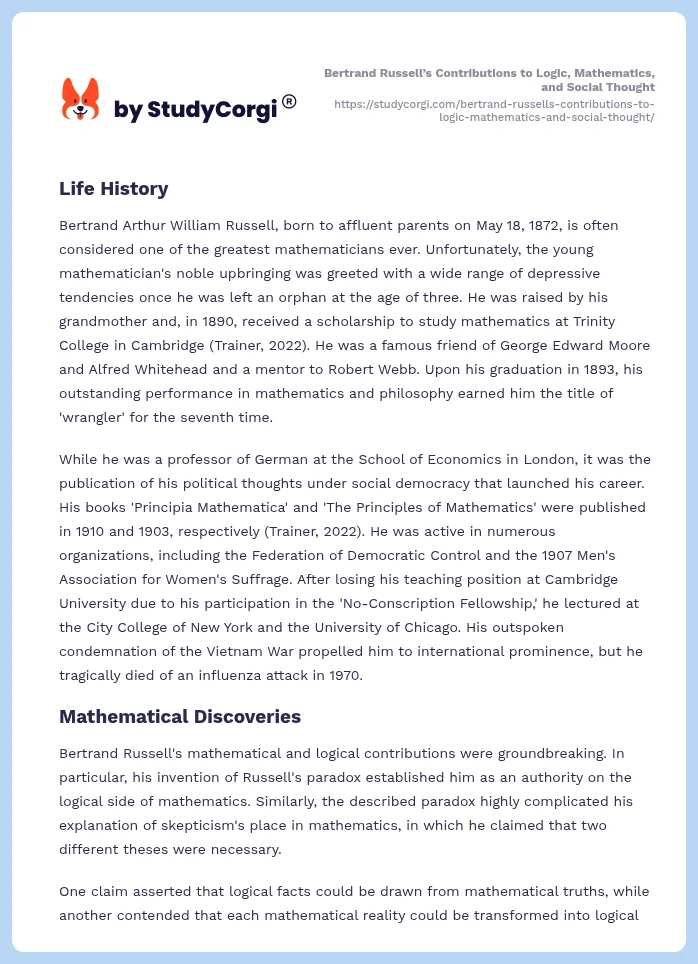 Bertrand Russell’s Contributions to Logic, Mathematics, and Social Thought. Page 2