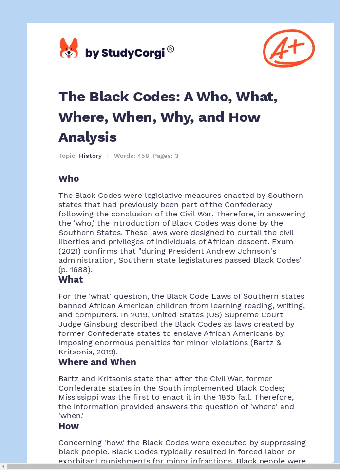 The Black Codes: A Who, What, Where, When, Why, and How Analysis. Page 1