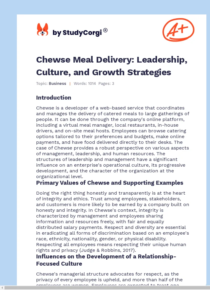 Chewse Meal Delivery: Leadership, Culture, and Growth Strategies. Page 1