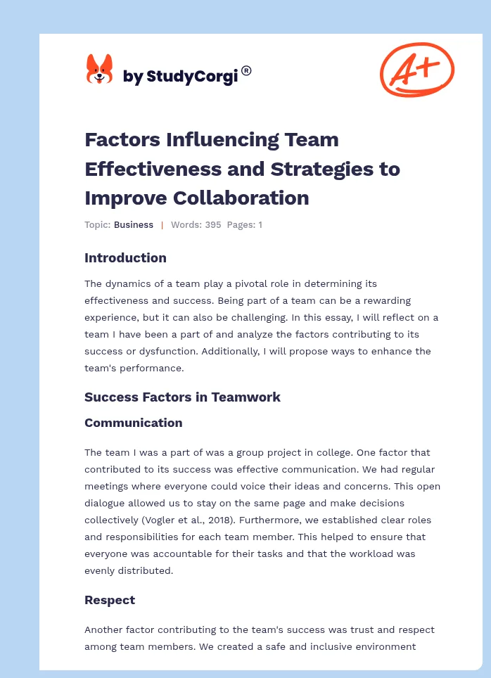 Factors Influencing Team Effectiveness and Strategies to Improve Collaboration. Page 1