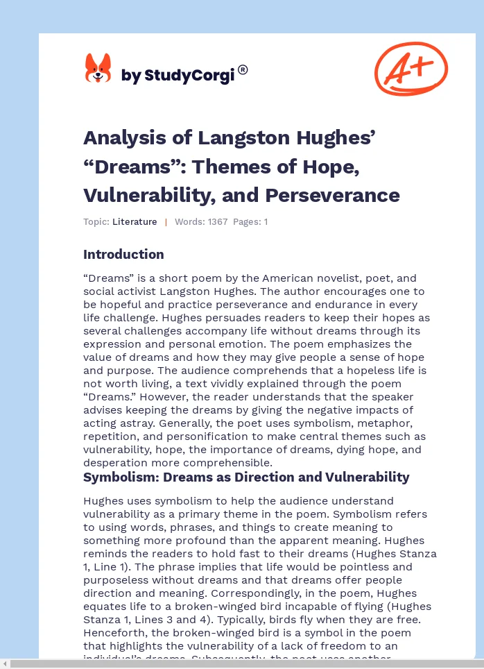 Analysis of Langston Hughes’ “Dreams”: Themes of Hope, Vulnerability, and Perseverance. Page 1