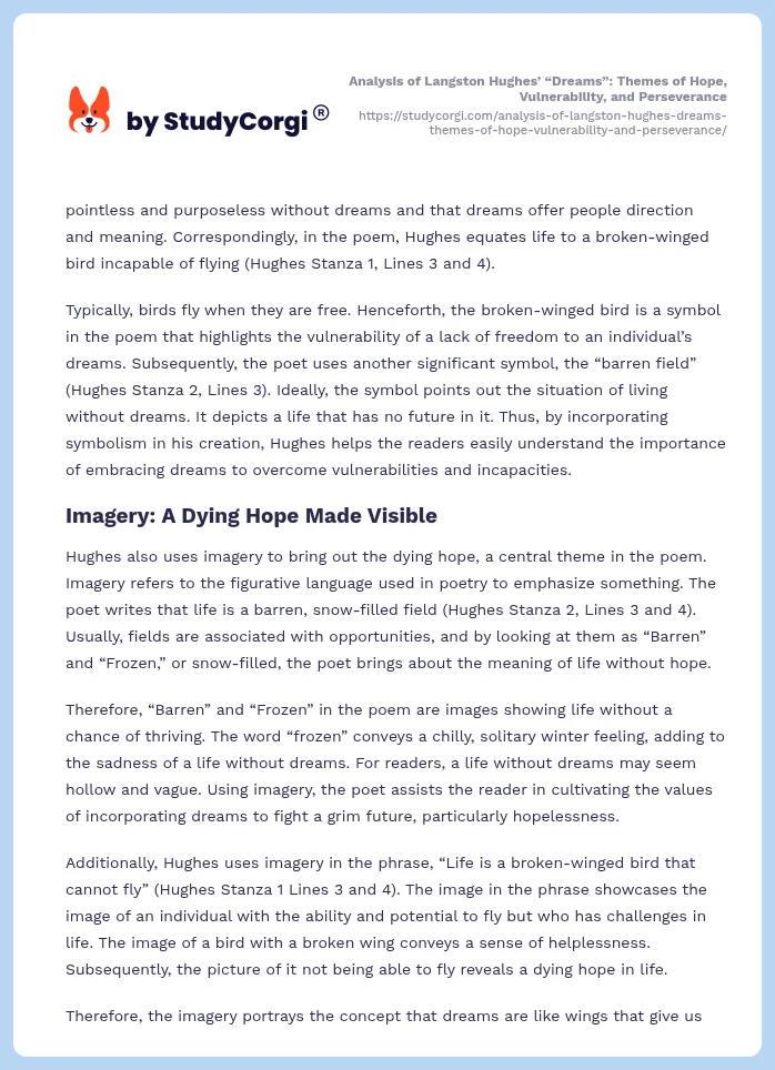 Analysis of Langston Hughes’ “Dreams”: Themes of Hope, Vulnerability, and Perseverance. Page 2