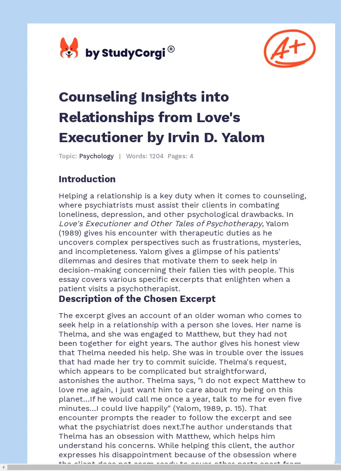 Counseling Insights into Relationships from Love's Executioner by Irvin D. Yalom. Page 1